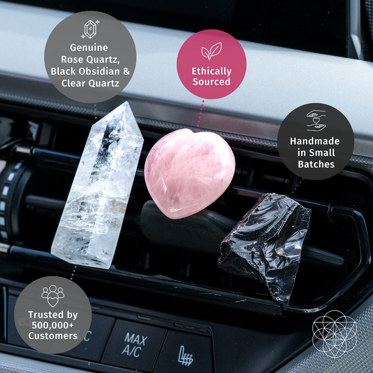Rose Quartz, Obsidian & Clear Quartz Car Kit
