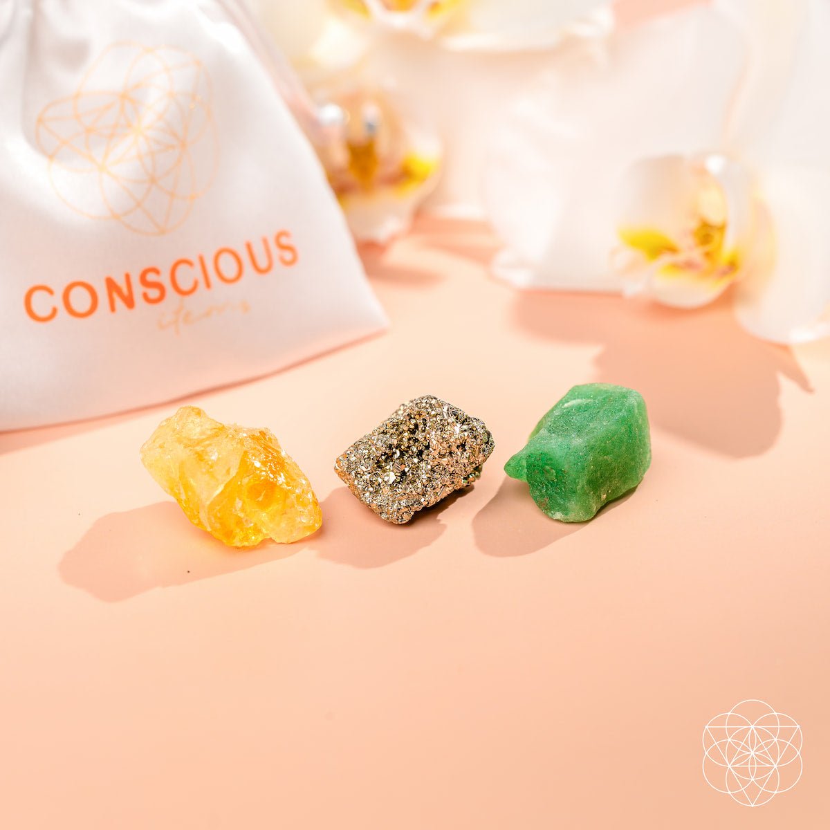 Citrine, Pyrite & Green Aventurine Crystal Trio