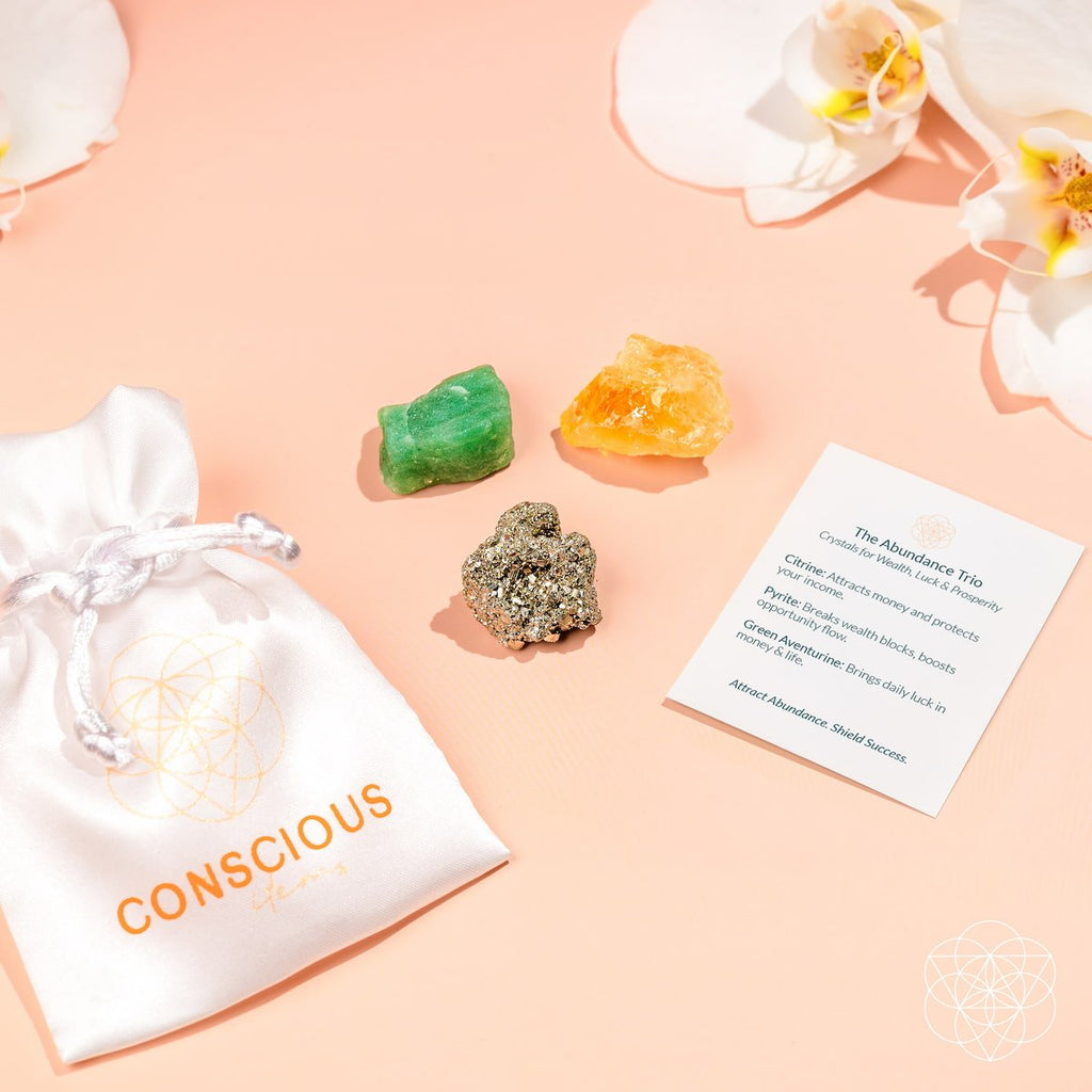 Citrine, Pyrite & Green Aventurine Crystal Trio