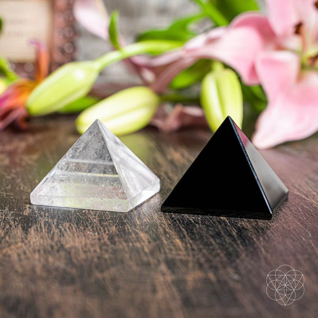 Black Obsidian & Clear Quartz Pyramid Decor