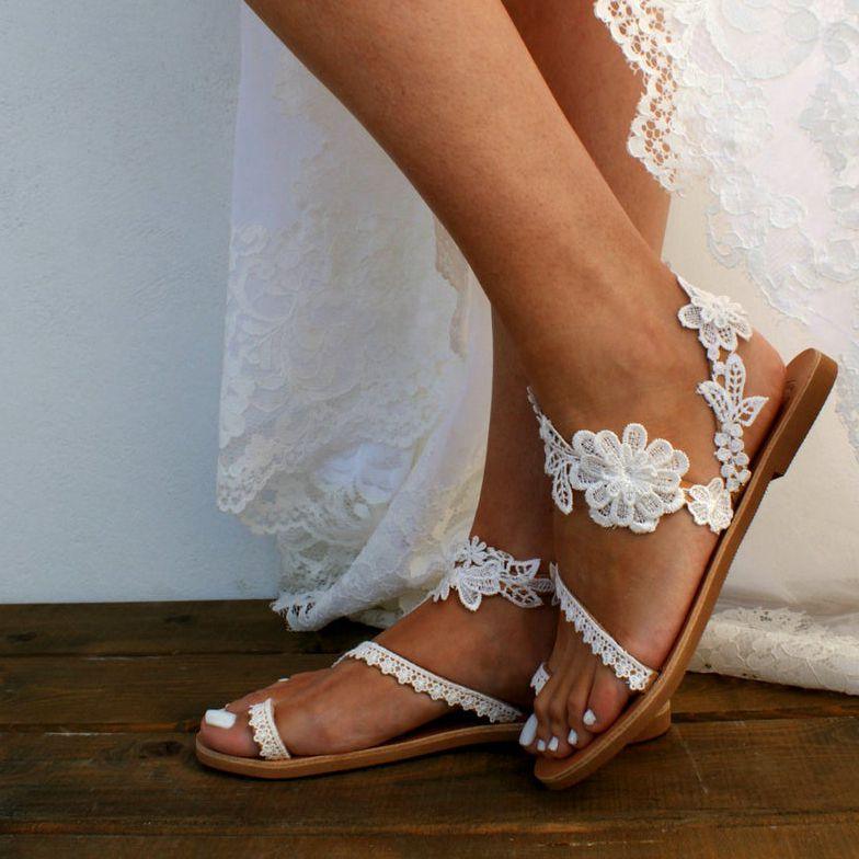 Women's White Floral Lace Flat Sandals