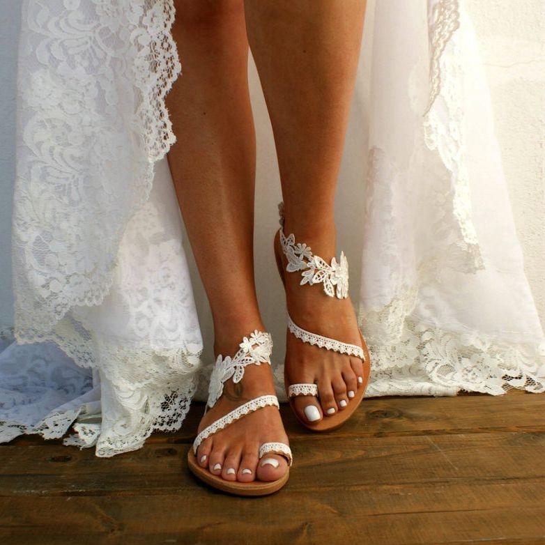 Women's White Floral Lace Flat Sandals
